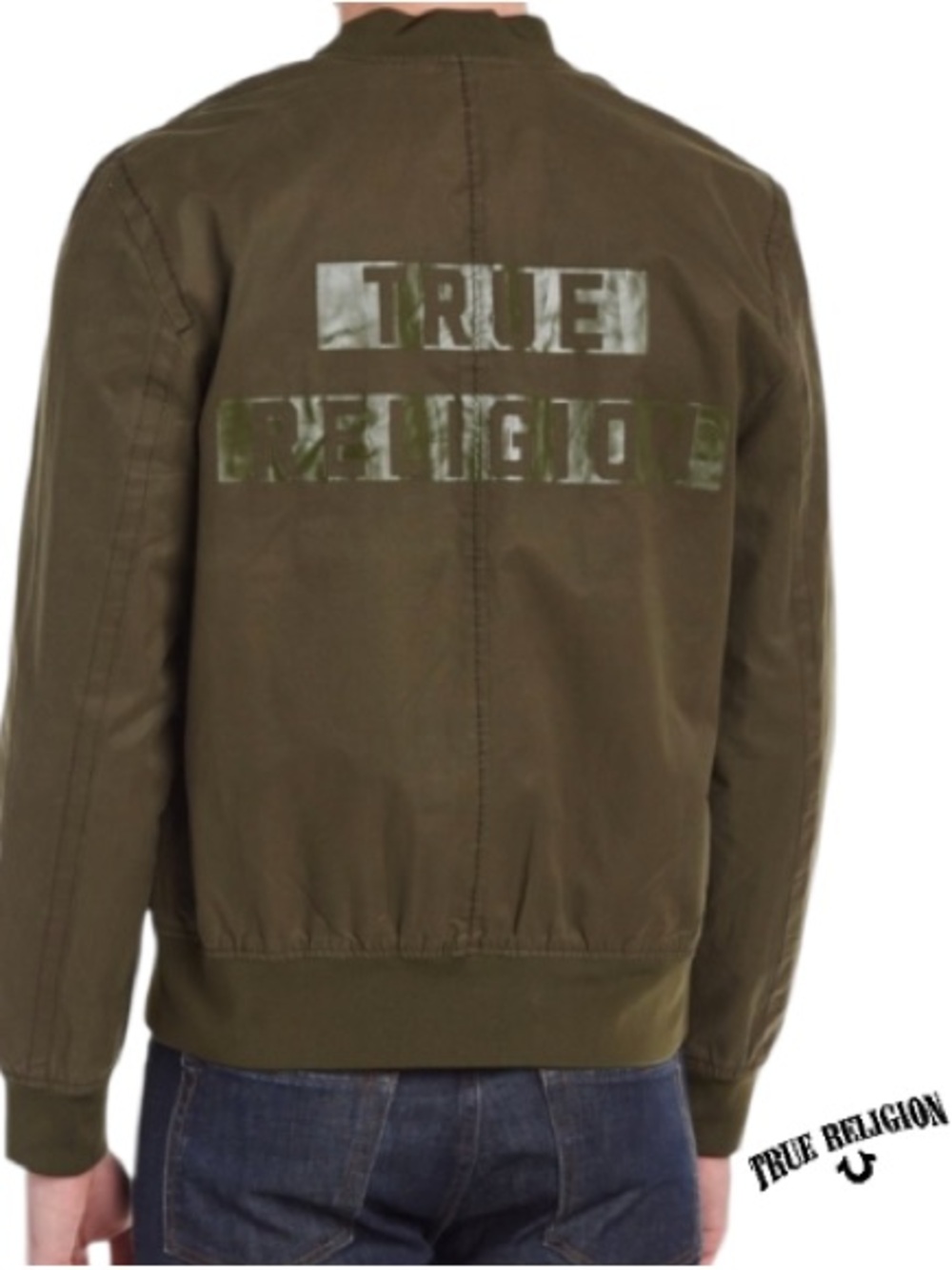 True Religion Waxed Bomber in Military Olive